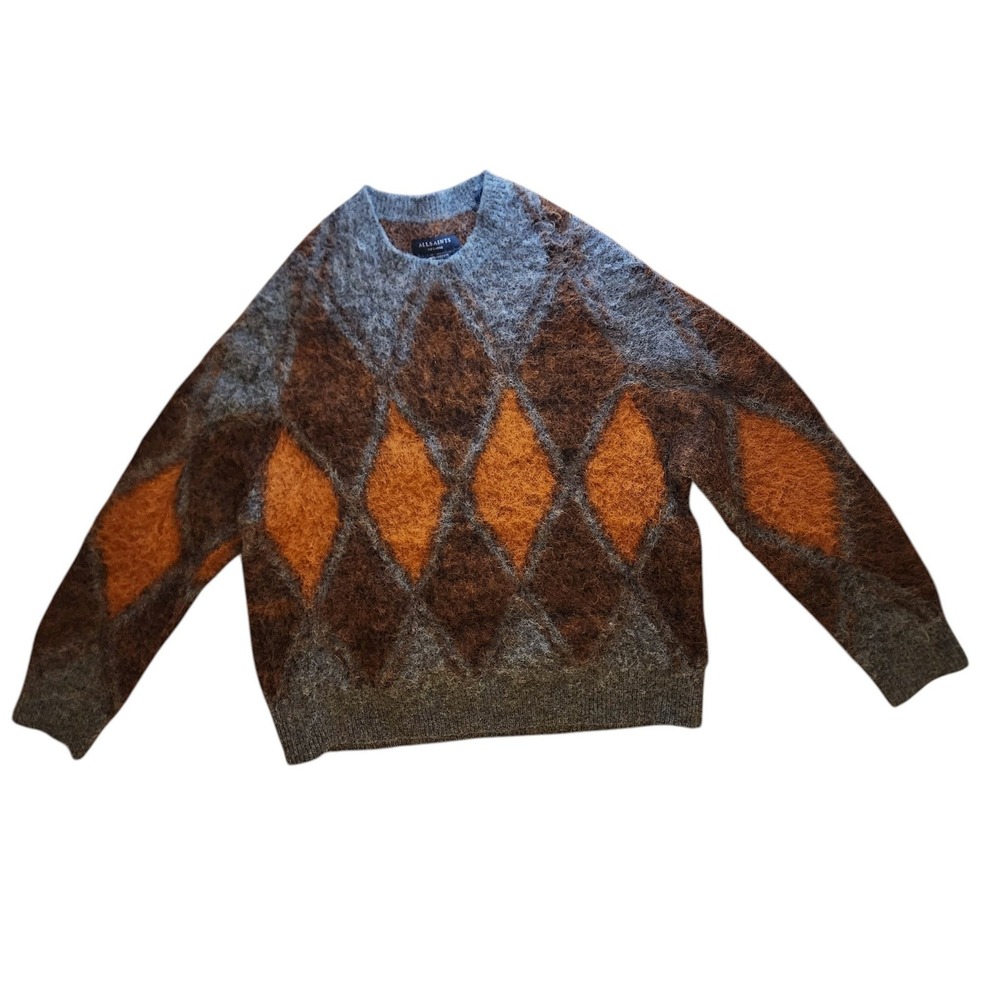 AllSaints Mord Argyle Alpaca Wool Crew Sweater XXL Charcoal Rust Brown